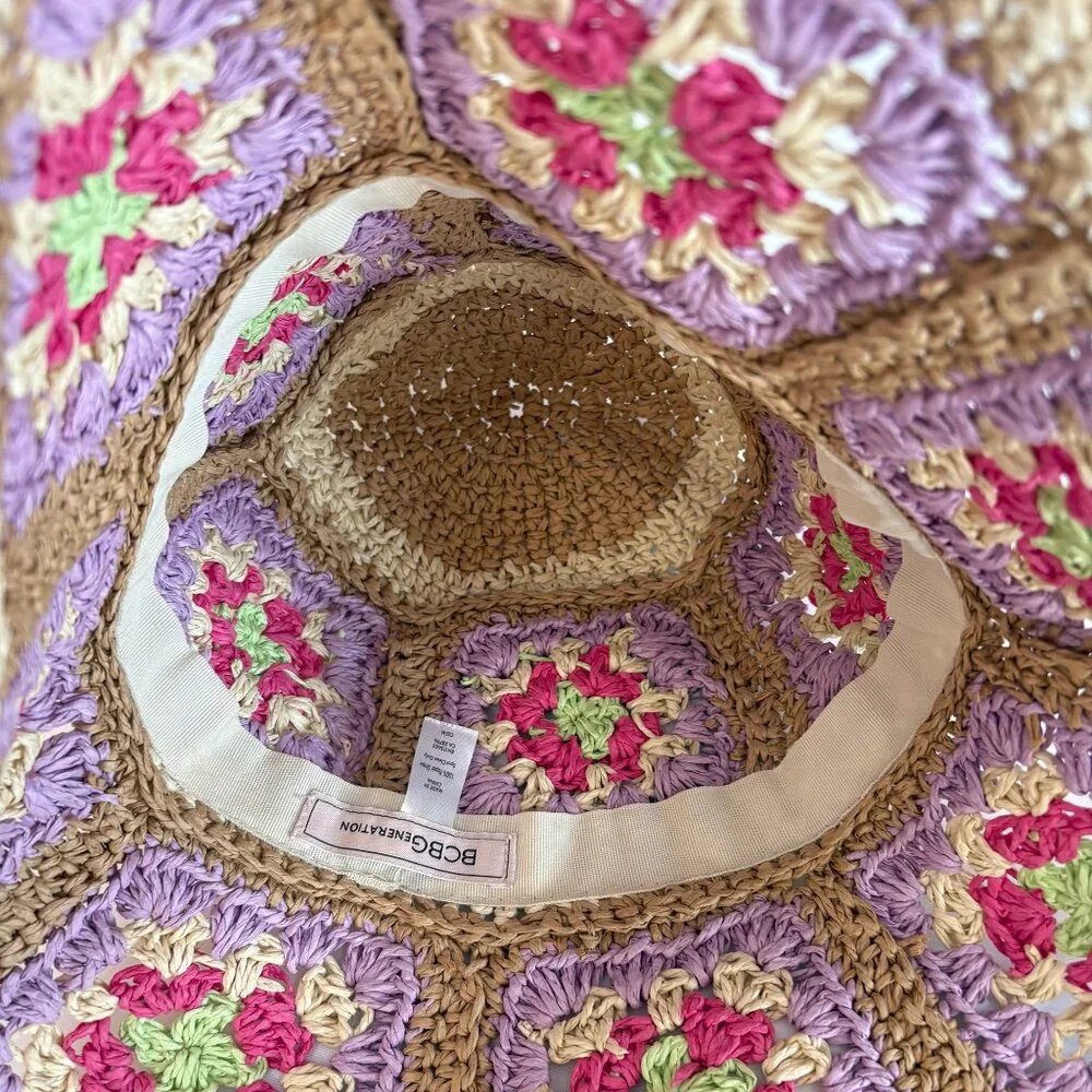 BCBGeneration Straw Crochet Granny Square Bucket Hat Multicolor Size OS